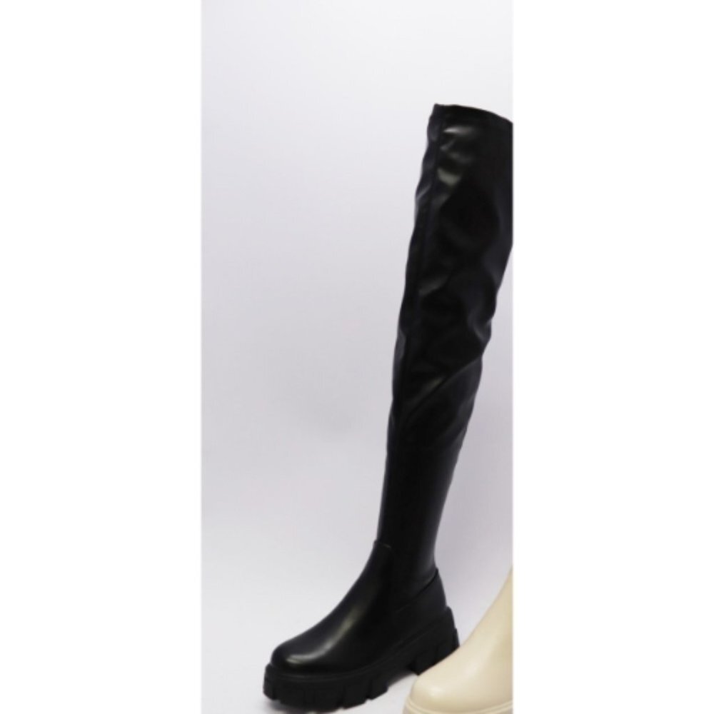 Wild Diva Women Lug Sole Over Knee Tall Sock Boots Black Pu Size 6
